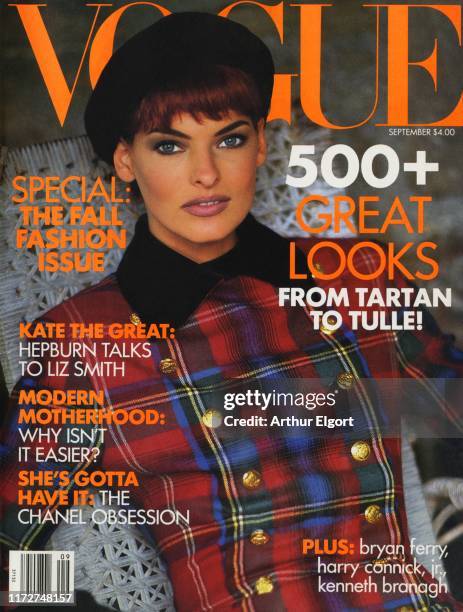 Vogue, September 1991 - Model Linda Evangelista in plaid Ralph Lauren jacket and dark Kangol beret.