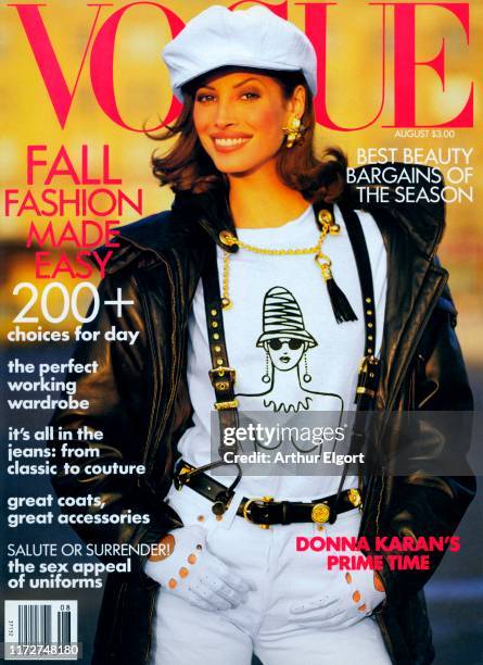 Vogue, August 1992 - Christy Turlington in black leather Donna Karan jacket and Levi's jeans with t-shirt and suspenders by Gemma Kahng and Issac...