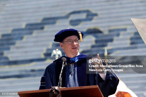 Eric Schmidt, Google executive chairman, delivers the keynote address at UC Berkeley Class of 2012's commencement ceremony at Edwards Stadium and...