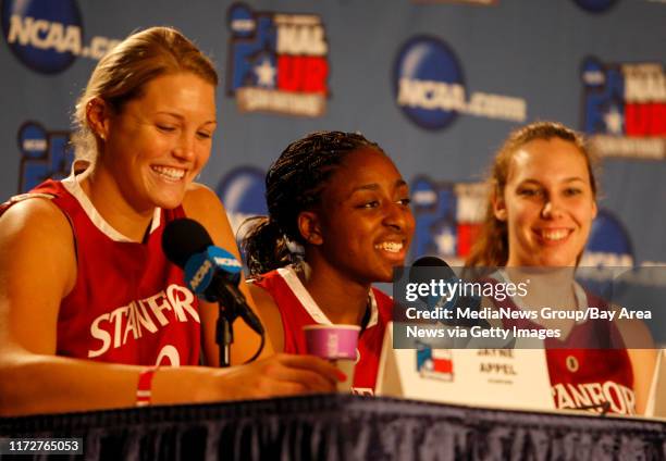 Stanford Cardinal's Jayne Appel , Nnemkadi Ogwumike and Kayla Pedersen laugh during a press conference the day before the championship game against...