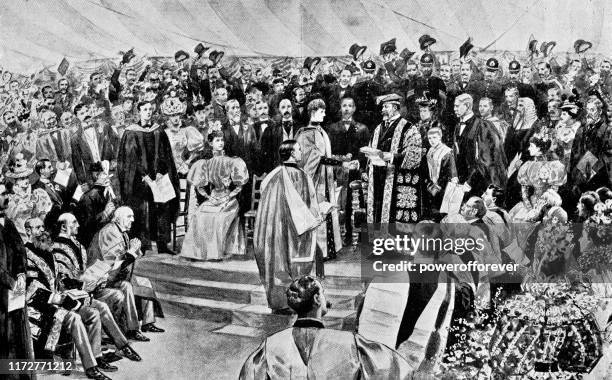 edward vii, prince of wales receiving a degree at oxford, england - 19th century - oxford graduation stock illustrations