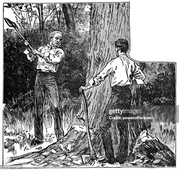 william ewart gladstone cutting down a tree at hawarden, wales - 19th century - axe stock illustrations