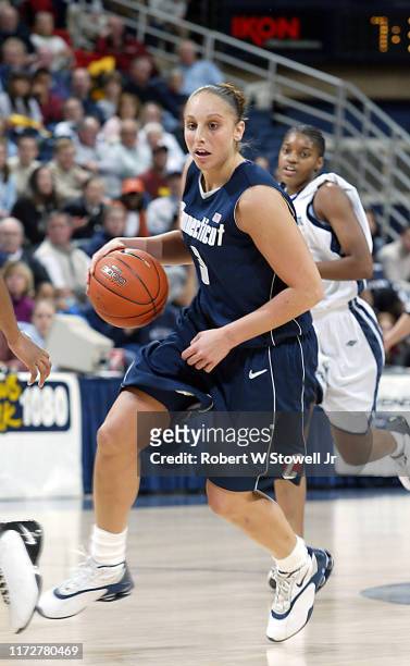 University of Connecticut basketball player of year Diana Taurasi with the ball during a game at Gampel Pavilion, Storrs, Connecticut, April 19, 2002.
