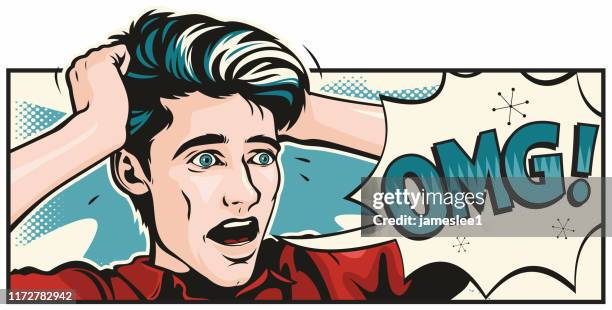 bildbanksillustrationer, clip art samt tecknat material och ikoner med popkonst stil skräckslagen man - överraskning