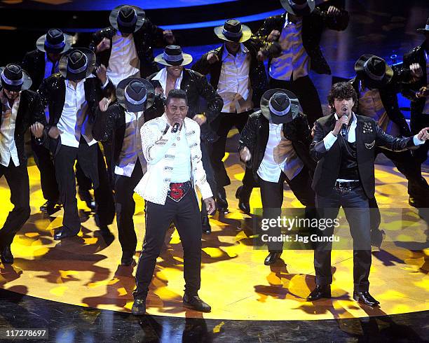 Jermaine Jackson and Sonu Nigam perform at the IIFA Fashion Rocks Party at the Heritage Court, Exhibition Place on June 24, 2011 in Toronto, Canada.