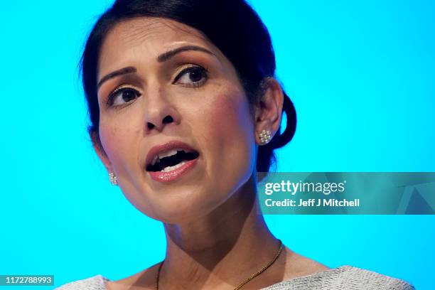 Home Secretary, Priti Patel addresses the delegates on the third day of the Conservative Party Conference at Manchester Central on October 1, 2019 in...