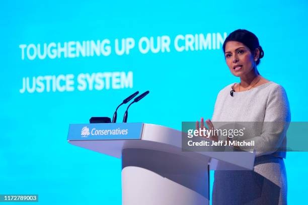 Home Secretary, Priti Patel addresses the delegates on the third day of the Conservative Party Conference at Manchester Central on October 1, 2019 in...