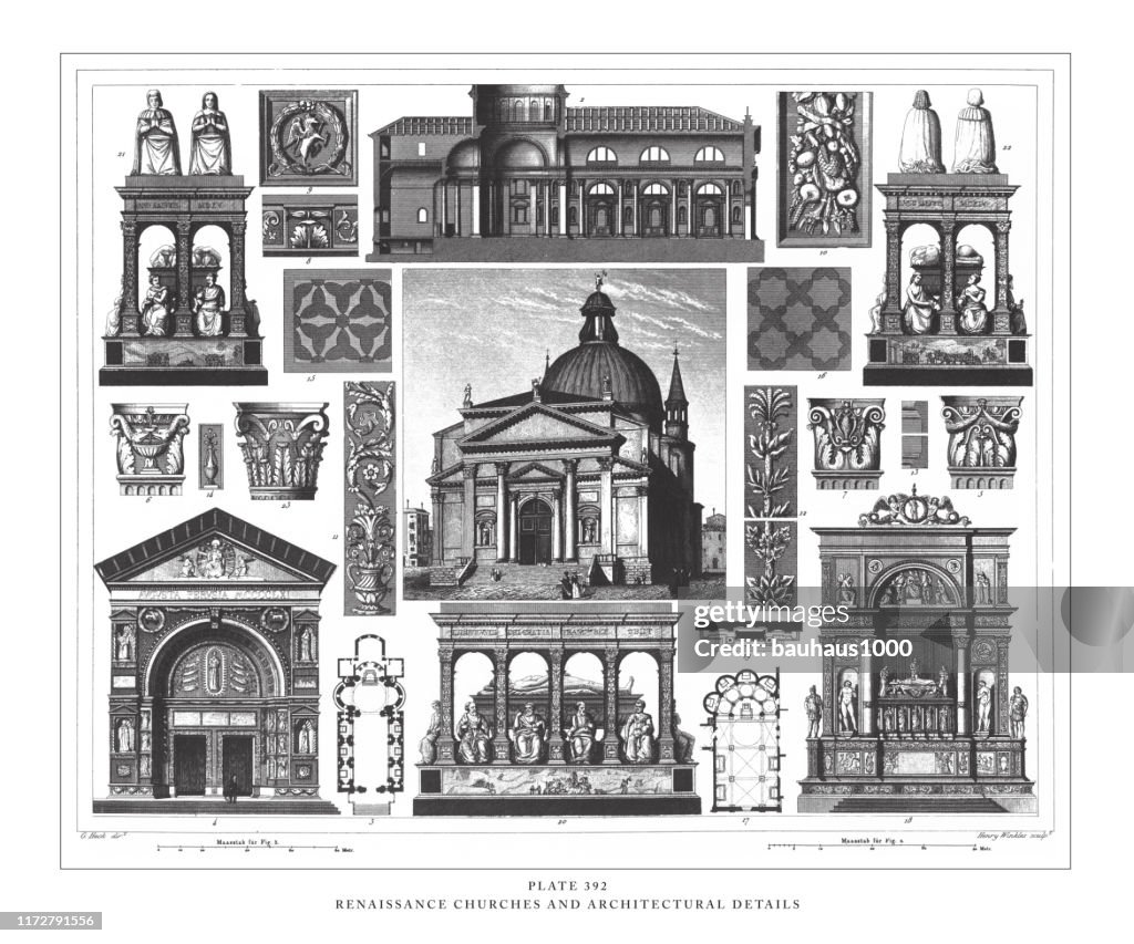 Renaissance Churches and Architectural Details Engraving Antique Illustration, Published 1851