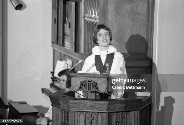 The Reverend Carter Heyward delivers a sermon from the pulpit of Christ Episcopal Church. Rev. Heyward, along with two other women priests, who were...