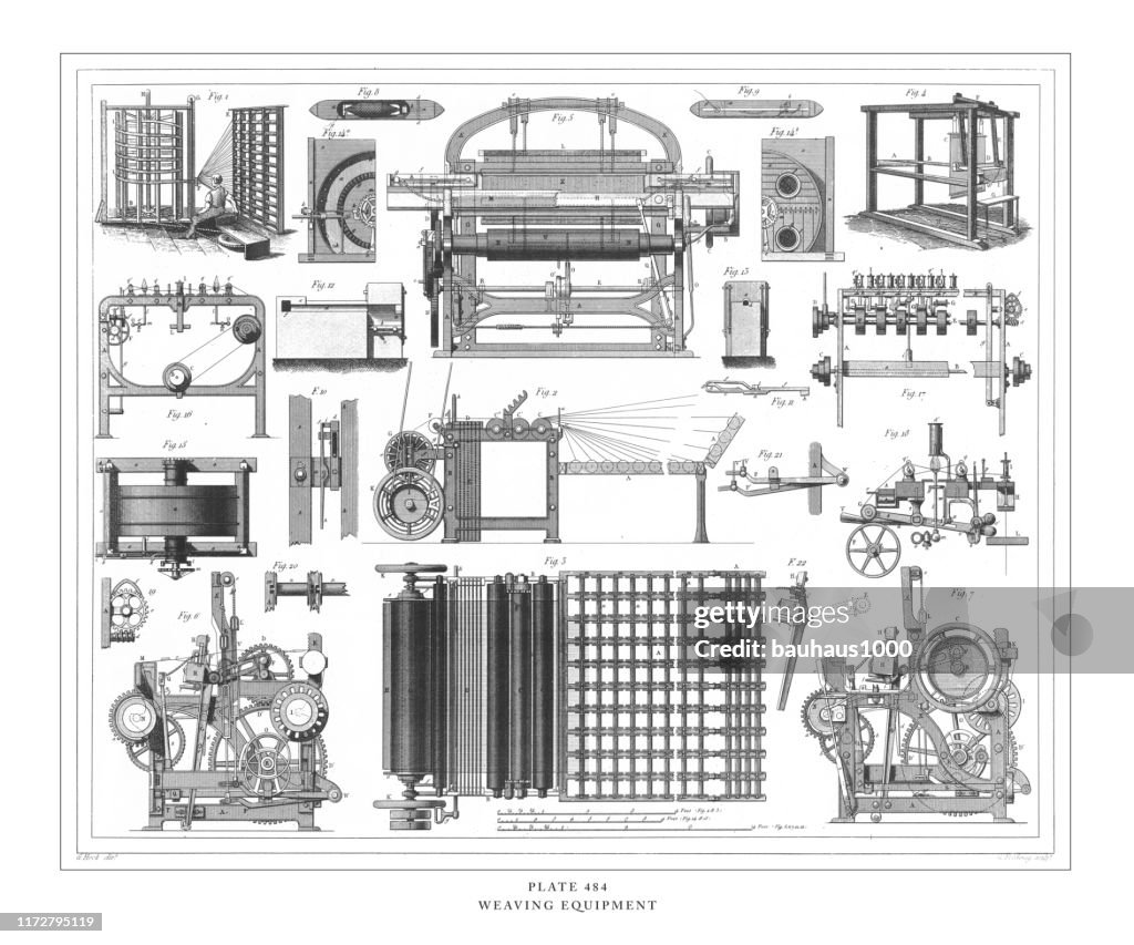 Weaving Equipment Engraving Antique Illustration, Published 1851