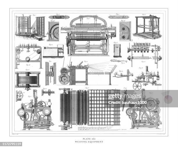Weaving Equipment Engraving Antique Illustration Published 1851, Foto de stock