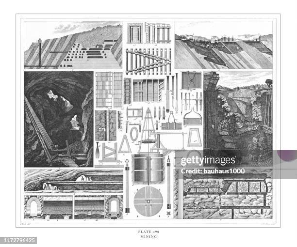 mining engraving antique illustration, published 1851 - mine shaft stock illustrations