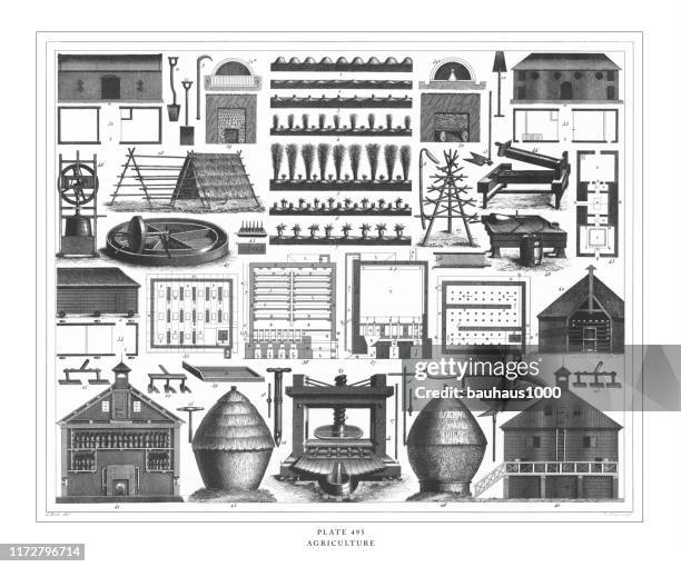 agriculture engraving antique illustration, published 1851 - butter churn stock illustrations