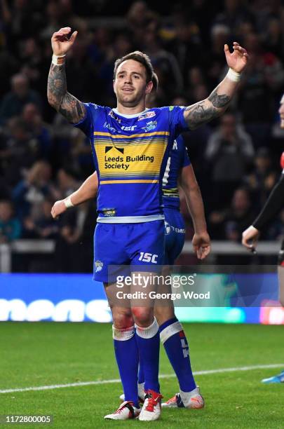 Richie Myler of Leeds Rhinos celebrates after scoring his teams first try of the match during the Betfred Super League match between Leeds Rhinos and...