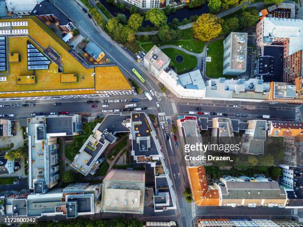 luchtfoto over scandinavische stad - norway stockfoto's en -beelden