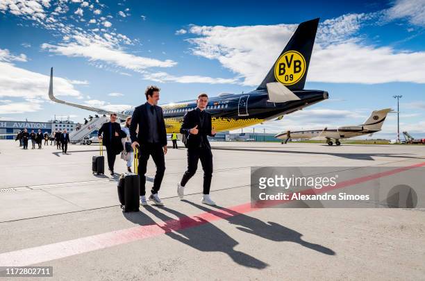 The team of Borussia Dortmund after landing at Prague Airport on October 01, 2019 in Prague, Czech Republic.