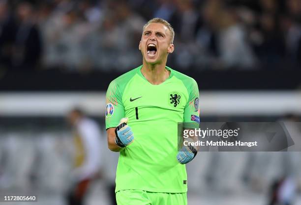 Jasper Cillessen of the Netherlands celebrates after his team's second goal during the UEFA Euro 2020 qualifier match between Germany and Netherlands...