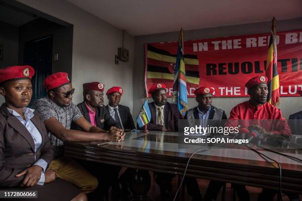 Musician and opposition candidate Robert Kyagulanyi aka Bobi Wine speaks during the press conference encouraging his "people power" supporters to...