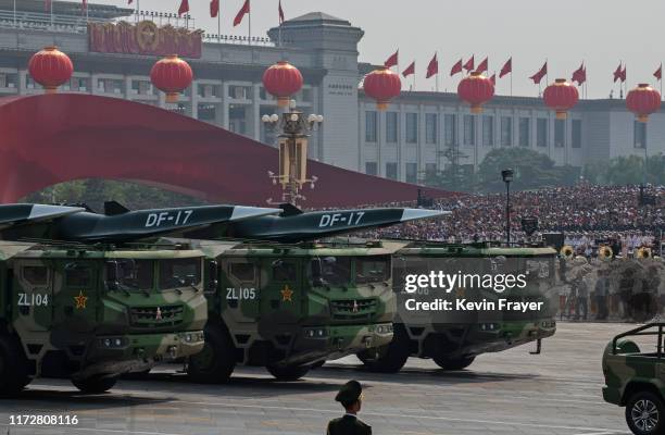 Chinese rocket launchers are seen at a parade to celebrate the 70th Anniversary of the founding of the People's Republic of China in 1949 , at...