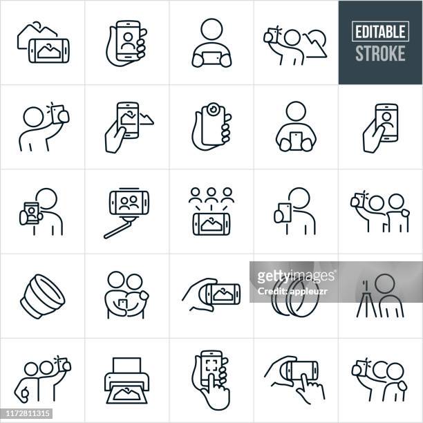 mobile photography thin line icons - editable stroke - friendship stock illustrations