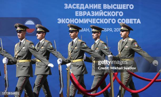 Armenian soldiers prepare for the welcoming ceremony in front of the State Residence in Yerevan, Armenia, October 2019. Leaders of Russia, Armenia,...