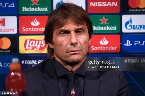 Inter Milan's Italian coach Antonio Conte gives a press conference at the Camp Nou stadium in Barcelona, on October 1, 2019 on the eve of the UEFA...