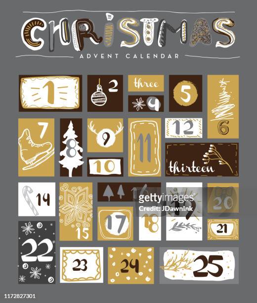 colorful christmas holiday advent calendar design set with line icons and number designs - christmas countdown stock illustrations