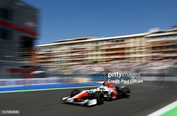 Narain Karthikeyan of India and Hispania Racing Team drives during the final practice session prior to qualifying for the European Formula One Grand...