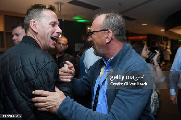 Joerg Heinrich and Andreas Thom attend the Club of Former National Players during the UEFA Euro 2020 qualifier match between Germany and Netherlands...