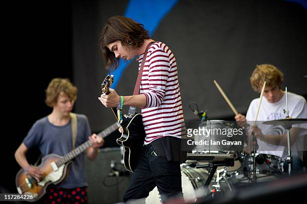 Nick Allbrook, Dominic Simper and Jay Watson of Tame Impala perform live on the other stage during the Glastonbury Festival at Worthy Farm, Pilton on...