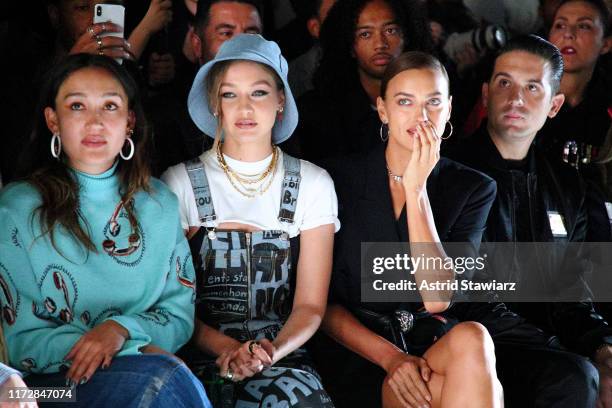 Gigi Hadid, Irina Shayk and G-Eazy attend the Jeremy Scott front row during New York Fashion Week: The Shows at Gallery I at Spring Studios on...