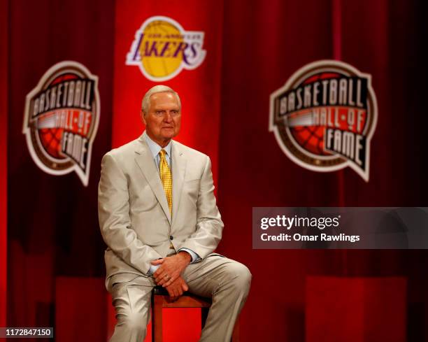 Jerry West looks on during the 2019 Basketball Hall of Fame Enshrinement Ceremony at Symphony Hall on September 06, 2019 in Springfield,...