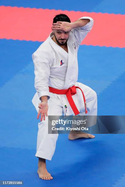 Antonio Diaz of Venezuela competes in the Men’s Kata Individual Round 1 match on day two of the Karate 1 Premier League at Nippon Budokan on...