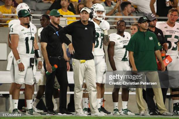Head coach Troy Taylor of the Sacramento State Hornets reacts on the sidelines during the first half of the NCAAF game against the Arizona State Sun...