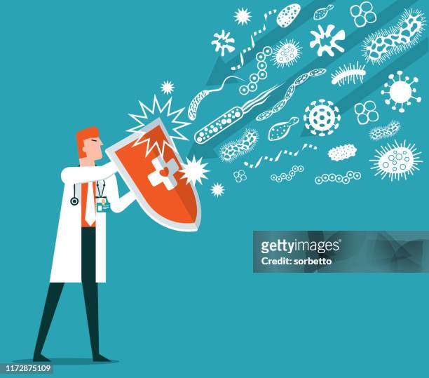 ilustraciones, imágenes clip art, dibujos animados e iconos de stock de escudo higiénico que protege del virus - infectious disease