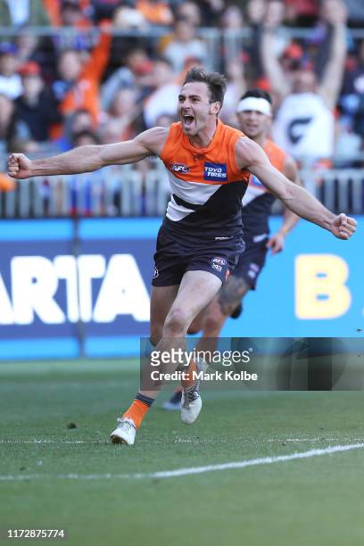 Jeremy Finlayson of the Giants celebrates kicking a goal during the AFL 2nd Elimination Final match between the Greater Western Sydney Giants and the...