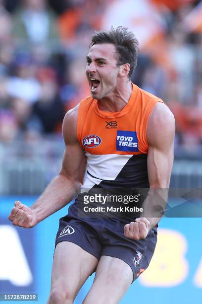 Jeremy Finlayson of the Giants celebrates kicking a goal during the AFL 2nd Elimination Final match between the Greater Western Sydney Giants and the...
