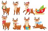 Cartoon Christmas deer. Cute fawn in winter scarf, xmas reindeer child and funny deers vector illustration set