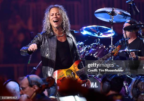 Kirk Hammett and Lars Ulrich of Metallica perform during the "S&M2" concerts at the opening night at Chase Center on September 06, 2019 in San...