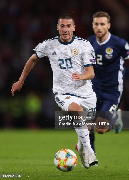 Aleksei Ionov of Russia during the UEFA Euro 2020 qualifier between Scotland and Russia at Hampden Park on September 06, 2019 in Glasgow, Scotland.
