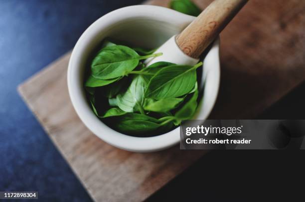 fresh basil in mortar and pestle - basil stock pictures, royalty-free photos & images