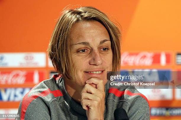 Sandrine Soubeyrand of France attends the France Women national team press conference at Rhein-Neckar Arena on June 25, 2011 in Sinsheim, Germany.