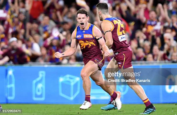 Lachie Neale of the Lions celebrates kicking a goal during the AFL 2nd Qualifying Final match between the Brisbane Lions and the Richmond Tigers at...