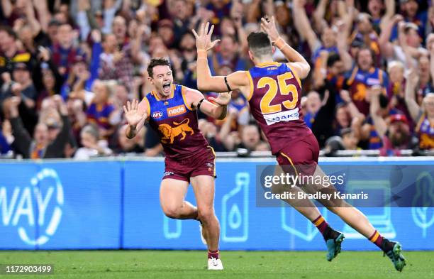 Lachie Neale of the Lions celebrates kicking a goal during the AFL 2nd Qualifying Final match between the Brisbane Lions and the Richmond Tigers at...