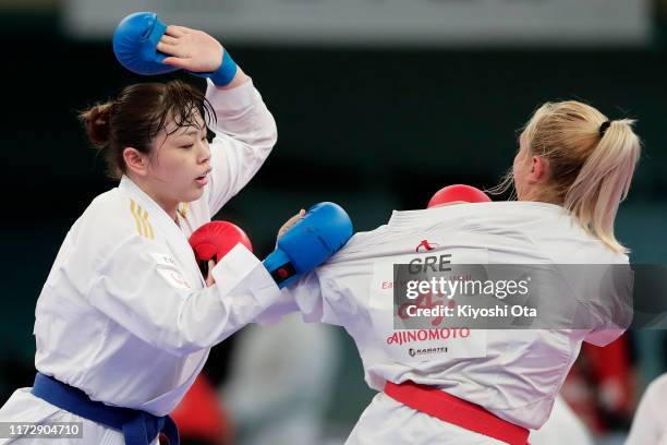 Ayumi Uekusa of Japan and Eleni Chatziliadou of Greece compete in the Women’s Kumite +68kg semi final on day two of the Karate 1 Premier League at...