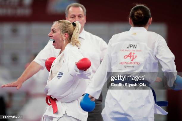 Eleni Chatziliadou of Greece reacts as she competes against Ayumi Uekusa of Japan in the Women’s Kumite +68kg semi final on day two of the Karate 1...