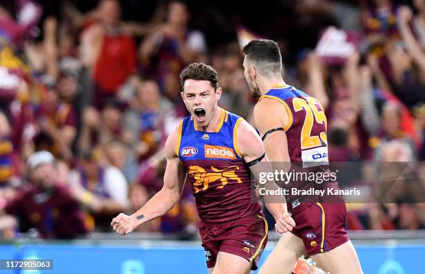 Lachie Neale of the Lions celebrates kicking a goal during the AFL 2nd Qualifying Final match between the Brisbane Lions and the Richmond Tigers at...