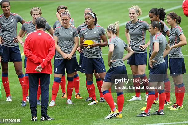 National coach Bruno Bini of France speaks to the team during the France Women national team traaining session at Rhein-Neckar Arena on June 25, 2011...