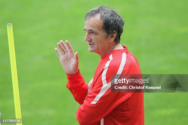 National coach Bruno Bini of France issues instructions during the France Women national team traaining session at Rhein-Neckar Arena on June 25,...