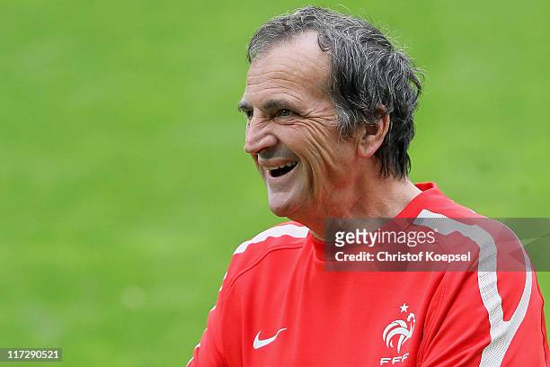National coach Bruno Bini of France smiles during the France Women national team traaining session at Rhein-Neckar Arena on June 25, 2011 in...